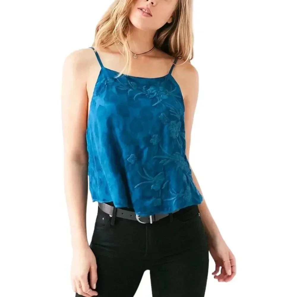 Ecote Teal Scalloped Lily Floral Embroidered Cami S